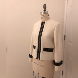 Maje Paris, Size 6, Moto Style Jacket Cream Boucle, black Leather trimming